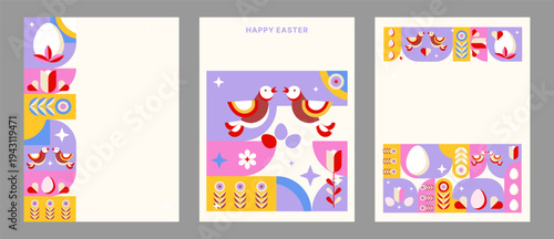 Modern Happy Easter greeting card set with abstract eggs birds flowers and geometric shapes modern spring holiday templates for greeting cards invitations social media banners posters packaging.Vector
