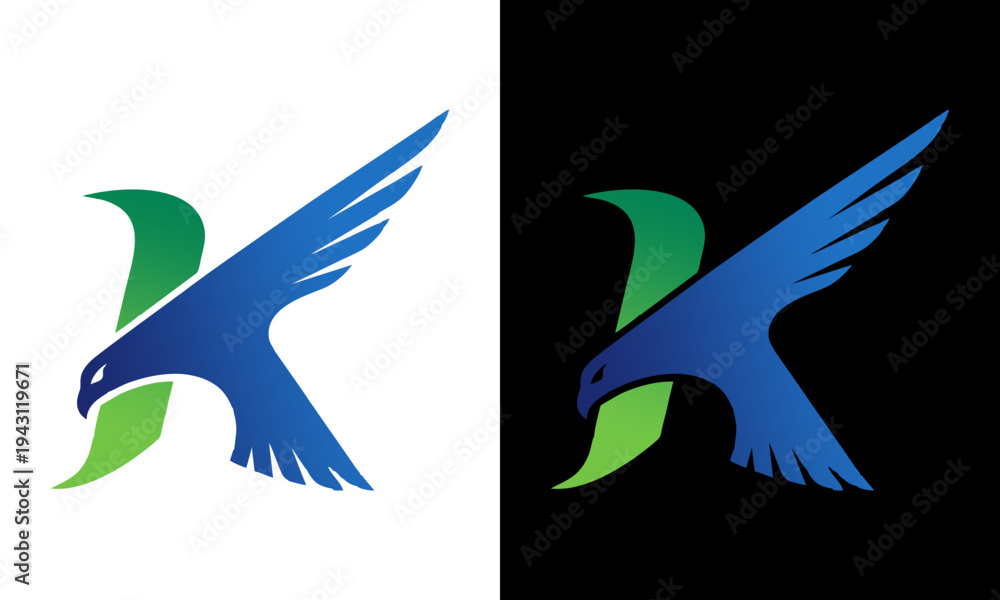 Fototapeta premium A blue bird in flight with green leaf against black and white