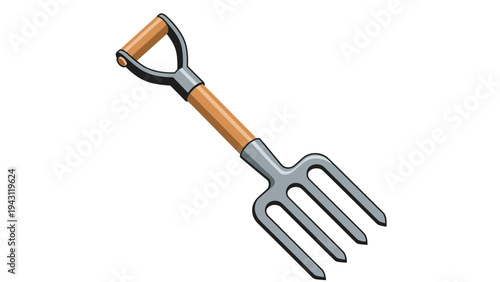 Sturdy metal garden fork with four sharp tines and a wooden handle with a D-grip for digging and soil turning in the garden.