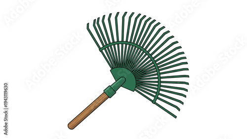 Green leaf rake with a wooden handle used for gathering leaves and grass in the yard during autumn maintenance on white.