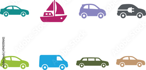 Transport vehicle icons collection flat vector set, cars van electric automobile and boat symbols, modern transportation design elements, isolated illustration