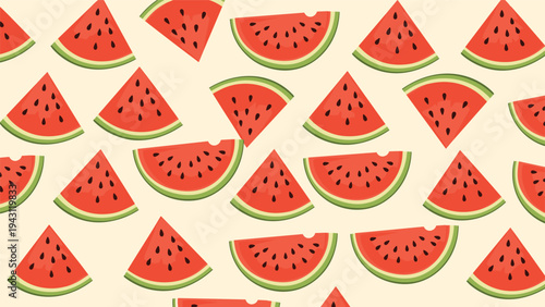 Cheerful pattern of many red watermelon slices with green rinds and black seeds scattered on a light cream background.