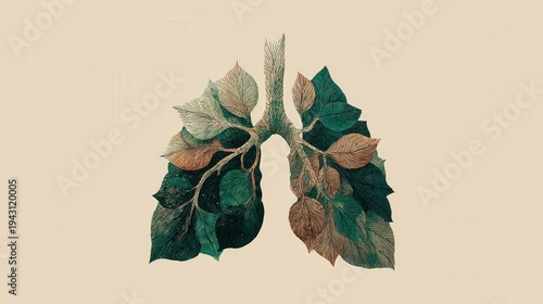 Conceptual illustration of human lungs shaped by green and brown leaves and branches on an isolated background