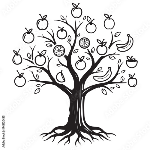 Stylized Black Outline Fruit Tree Drawing with Assorted Produce