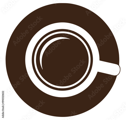 Brown coffee cup and saucer icon in white outline on white background