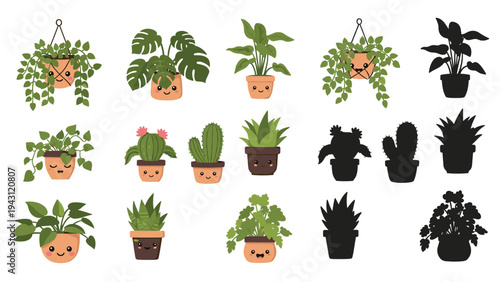 Charming set of various potted houseplants alongside their black silhouettes, featuring cute faces on the pots for a friendly appearance.