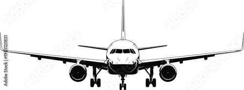 Black and white of airplane viewed from front view aircraft
