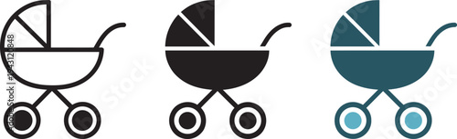Baby Stroller Vector Icon Set - Outline and Solid Fill Graphic Illustrations