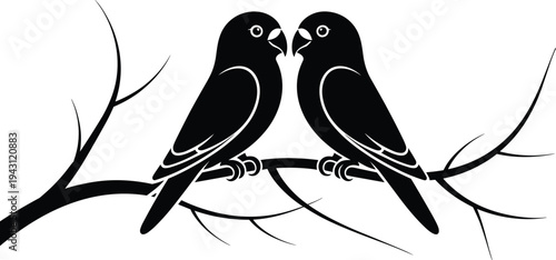 Two birds sitting on branch silhouette vector illustration, lovebirds nature wildlife symbol design, romantic animal couple graphic, isolated black