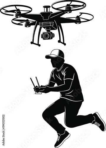 Man operating drone with remote control black and white silhouette