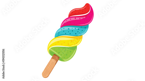Vibrant rainbow-colored swirl popsicle on a wooden stick, featuring various bright hues and a textured surface for a refreshing look.
