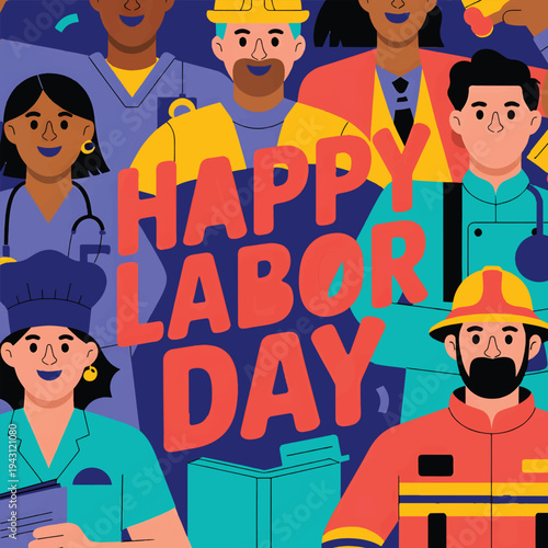 Happy Labor Day social media template featuring modern smiling workers from different professions in flat cartoon style. Bright colorful design in square format, perfect.