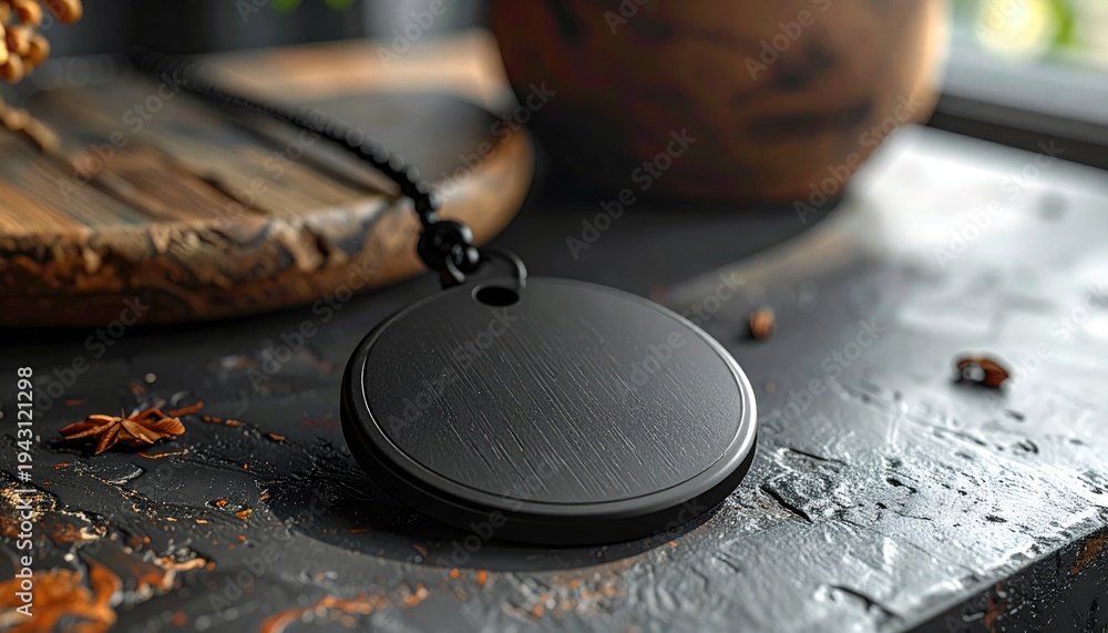 Obraz premium Minimalist black round pendant resting on a textured surface with natural elements.