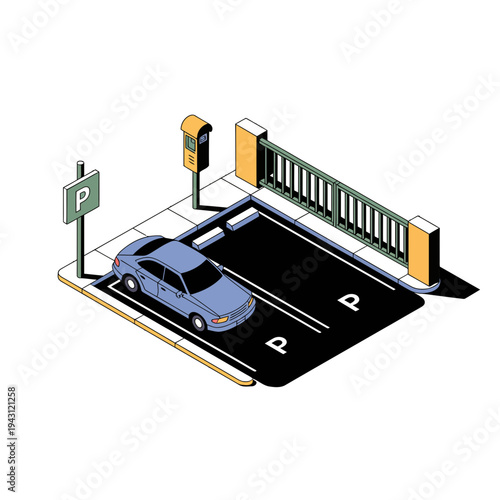 A blue car is parked in a designated parking space with a ticket machine