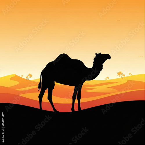 Camel Silhouette Standing in Desert Landscape.