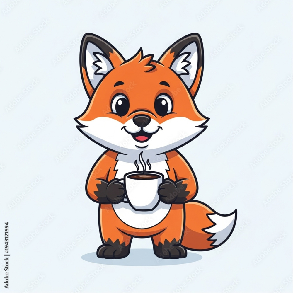 Obraz premium Cartoon Fox Holding a Coffee Cup.