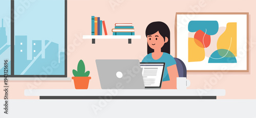 Illustration of a happy young woman working on her laptop at a desk in a home office environment, with a plant and abstract art on the wall