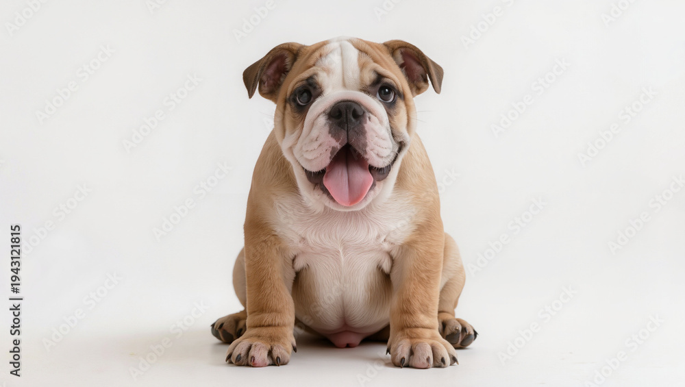 Obraz premium Adorable Bulldog Puppy Smiling with Open Mouth on White Background