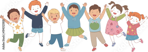 Diverse group of happy children jumping and cheering together isolated on white background for school education and childhood friendship vector illustration.