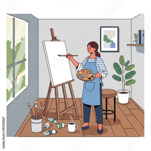 Female Artist Painting on Easel in Studio.