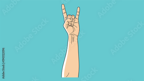 Arm making the horn hand gesture against a vibrant teal background, symbolizing rock and roll music and a rebellious spirit.