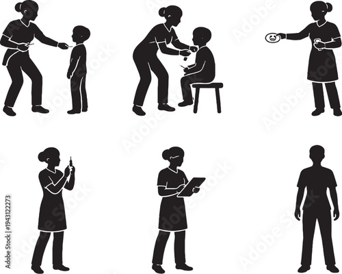 Pediatric Vaccination Nurse Silhouette Bundle Child Immunization Black and White Line Art Set
