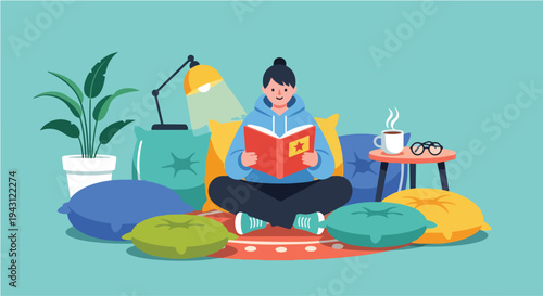 Cozy Scene of a Person Relaxing Indoors Reading a Book Surrounded by Cushions and a Plant