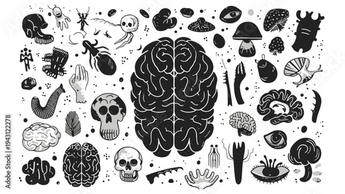Vector doodle black linocut brain character texture, different elements isolated, psych brain concept set