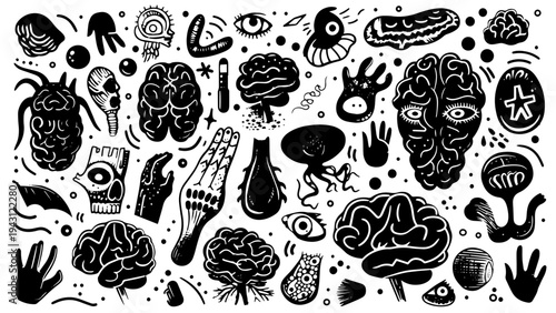 Vector doodle black linocut brain character texture, different elements isolated, psych brain concept set