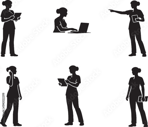 Nurse Telehealth Digital Silhouette Bundle 6 Poses Healthcare Worker Vector
