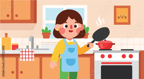 A woman is joyfully cooking a delicious meal on a stove in a bright, modern kitchen, filled with sunlight and a sense of domestic bliss and happy home life