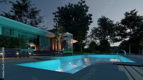 Modern Luxury Villa with Illuminated Swimming Pool at Night in Forest 3D Render