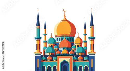 Colorful vector illustration of a mosque with dome and minarets