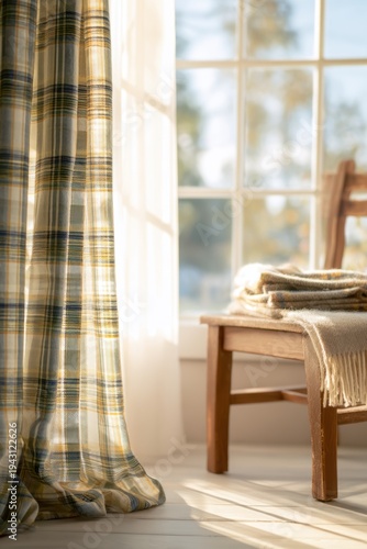 Cozy rustic living room window with plaid curtain and folded blanket for home decor, Tartan Day