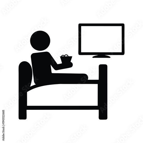 Stick figure chilling in bed watching TV with popcorn, in silhouette