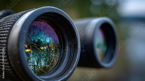 Binoculars lenses reflecting colorful natural surroundings, close up optic instrument for observing distant objects or events.