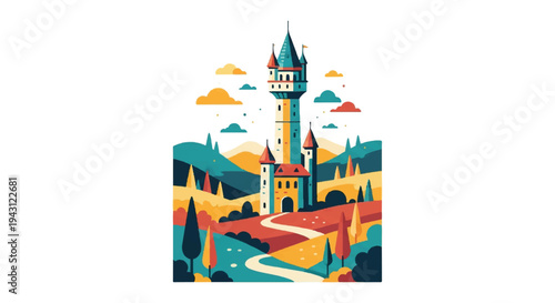 Colorful illustration of a tall castle on a hillside with decorative elements