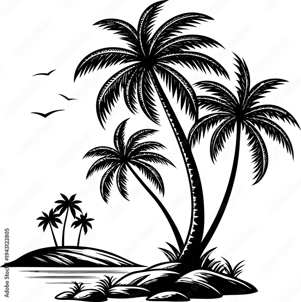 Fototapeta premium Group of palm trees silhouette on tropical island, black vector illustration