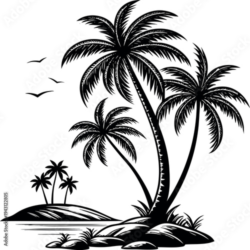 Group of palm trees silhouette on tropical island, black vector illustration