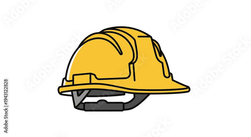A yellow hard hat with a black chin strap on a white background in a simple graphic style.