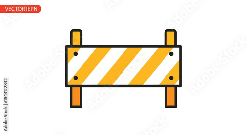 A yellow and white striped roadblock sign on a plain white background with a simple graphic design.