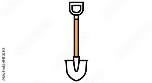 A simple line drawing of a shovel with a brown handle on a white background.