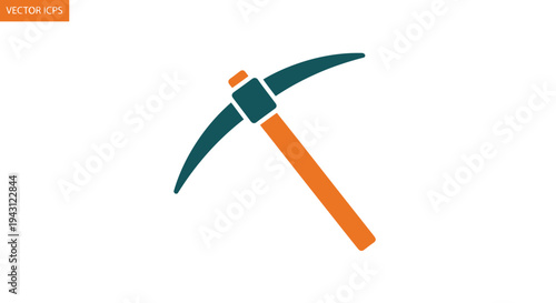 A graphic illustration of a pickaxe with an orange handle and dark green head on a white background.
