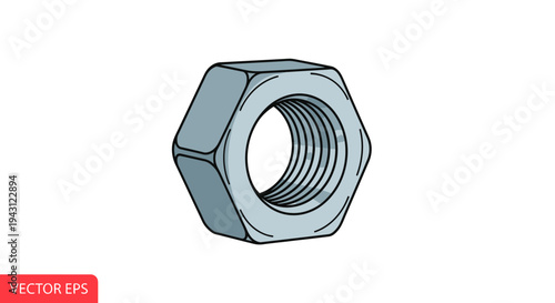 Vector illustration of a single metallic hex nut with threaded interior on a white background in a technical drawing style.