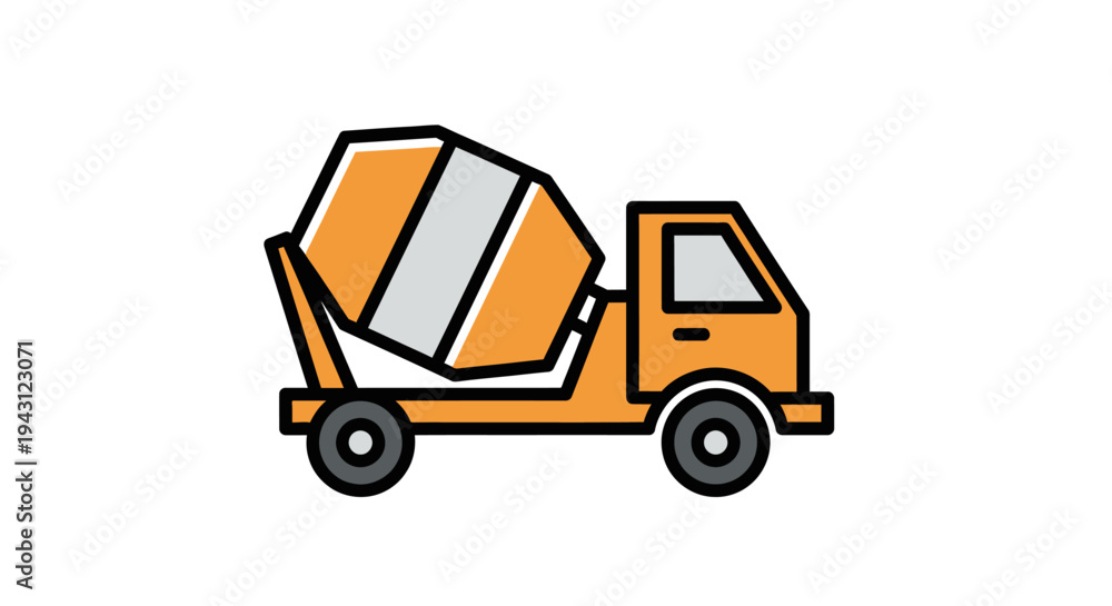 Fototapeta premium A cartoon-style illustration of an orange concrete mixer truck with a large rotating drum on a white background.