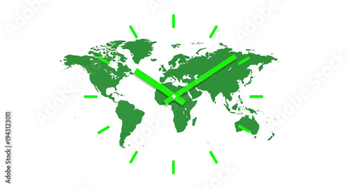 Green world map on clock face, global time concept