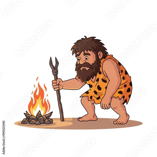 Caveman with Spear Standing by Fire.