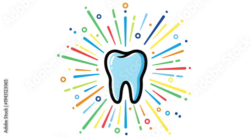 Colorful tooth icon with vibrant rays and circles, dental health symbol