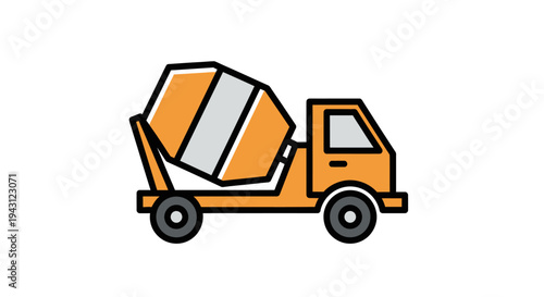 A cartoon-style illustration of an orange concrete mixer truck with a large rotating drum on a white background.