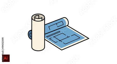 A rolled-up blue blueprint with a cylindrical object beside it on a white surface with a clean and minimalist composition.